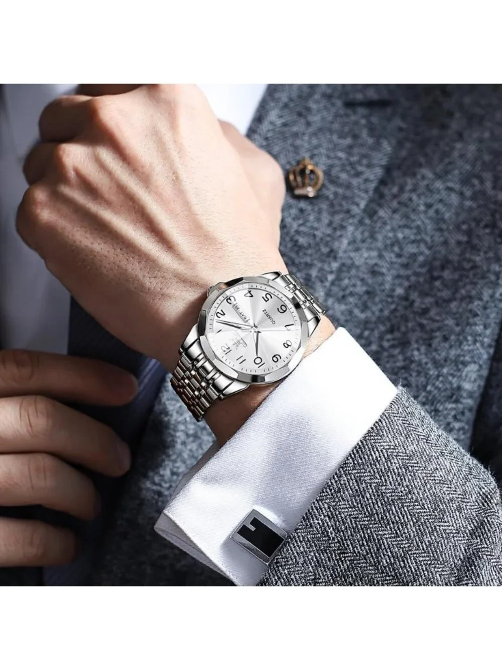 Men's All Silver Stainless Steel Analog Quartz Classic Waterproof Round Watch